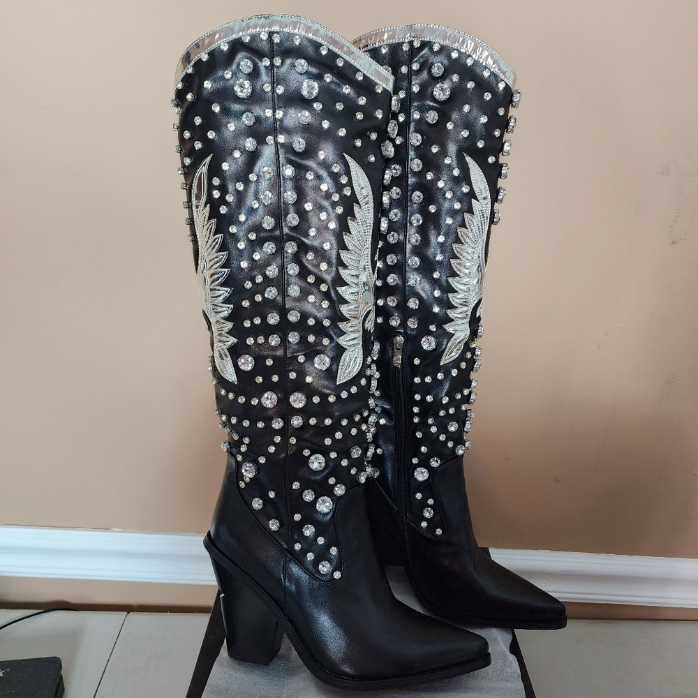 AZALEA WANG Upbeat Black Jeweled Rhinestone Tall Western Cowboy Boots 7-11 NWT - Picture 7 of 14